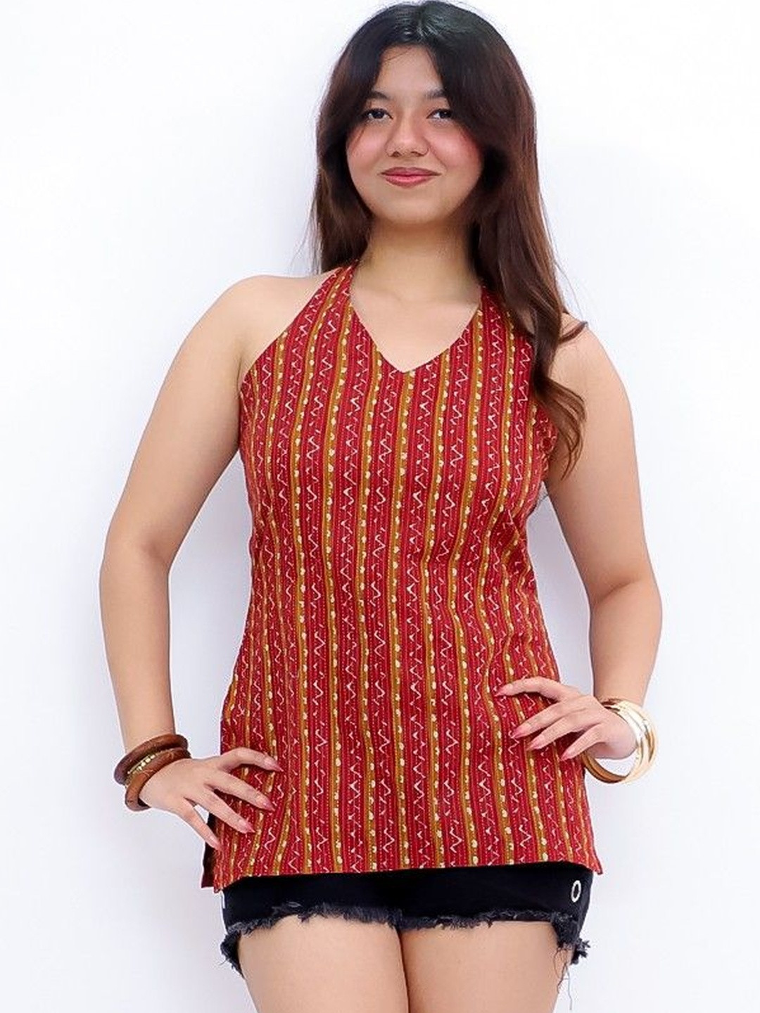 BAESD Pure Cotton Tribal Striped Halter Neck Corset Kurti