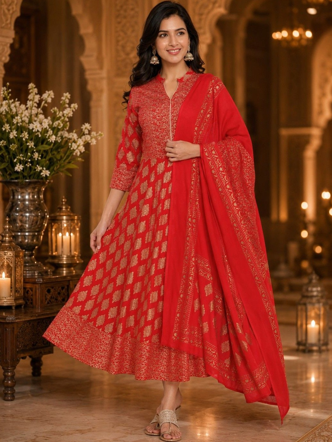 BABA KURTI Ethnic Motifs Printed Mandarin Collar Empire Kurta with Palazzos & Dupatta