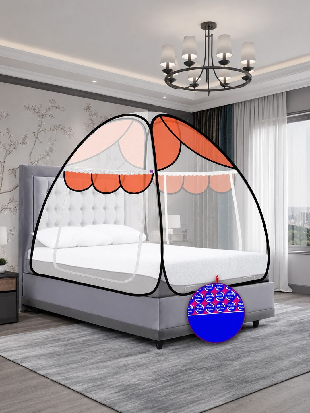 Silver Shine Orange Double Bed Foldable Mosquito Net