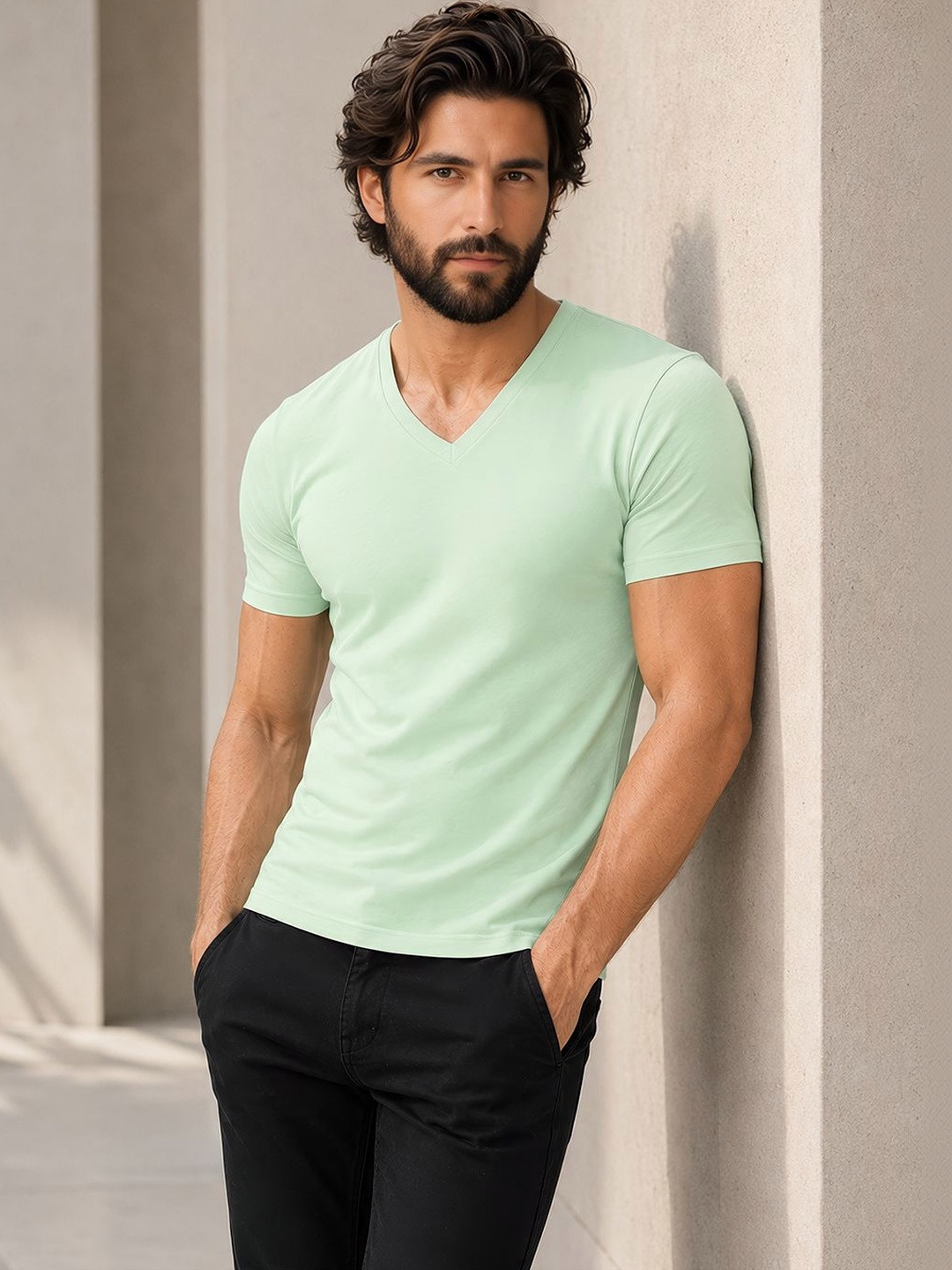 FBAR Men Solid Cotton V Neck T Shirt