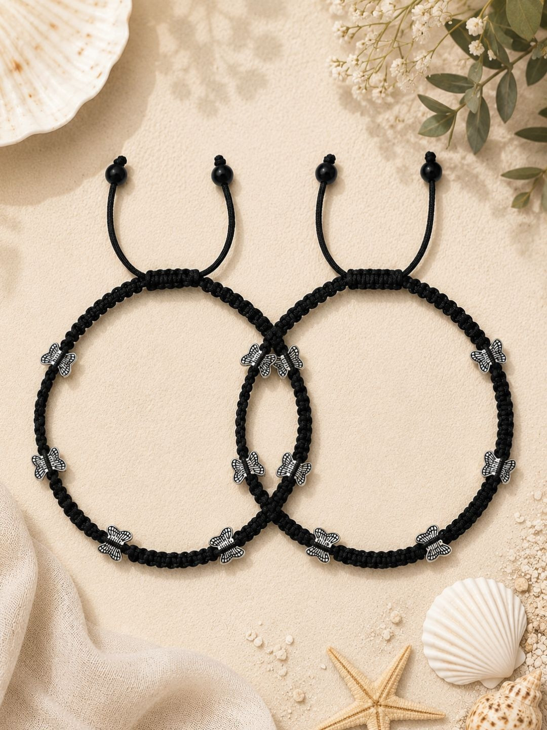 VIRAASI Set of 2Black & Silver-Toned Butterfly Beaded Charm Adjustable Anklets