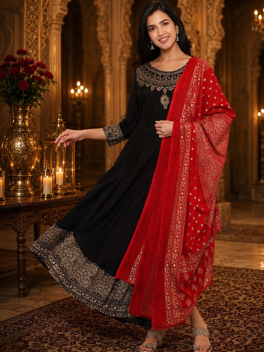BABA KURTI Women Ethnic Motifs Embroidered Regular Kurta with Palazzos & With Dupatta