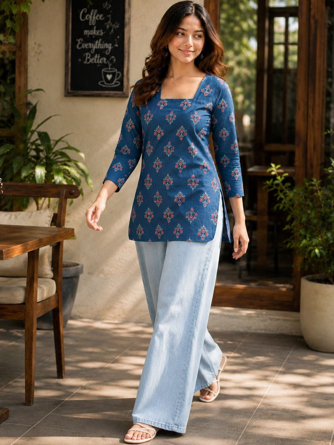 SAIYAMORI Viscose Rayon Square Neck Printed Ethnic Tunic