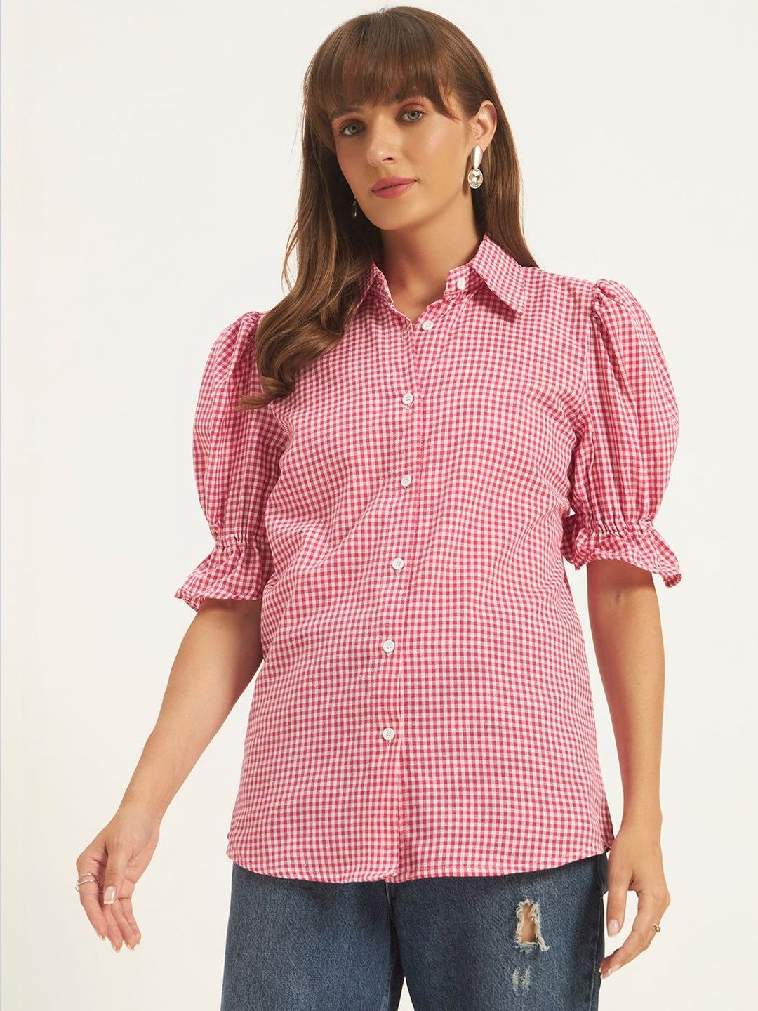 ROSEMELON Checked Puff Sleeve Ruffles Cotton Top