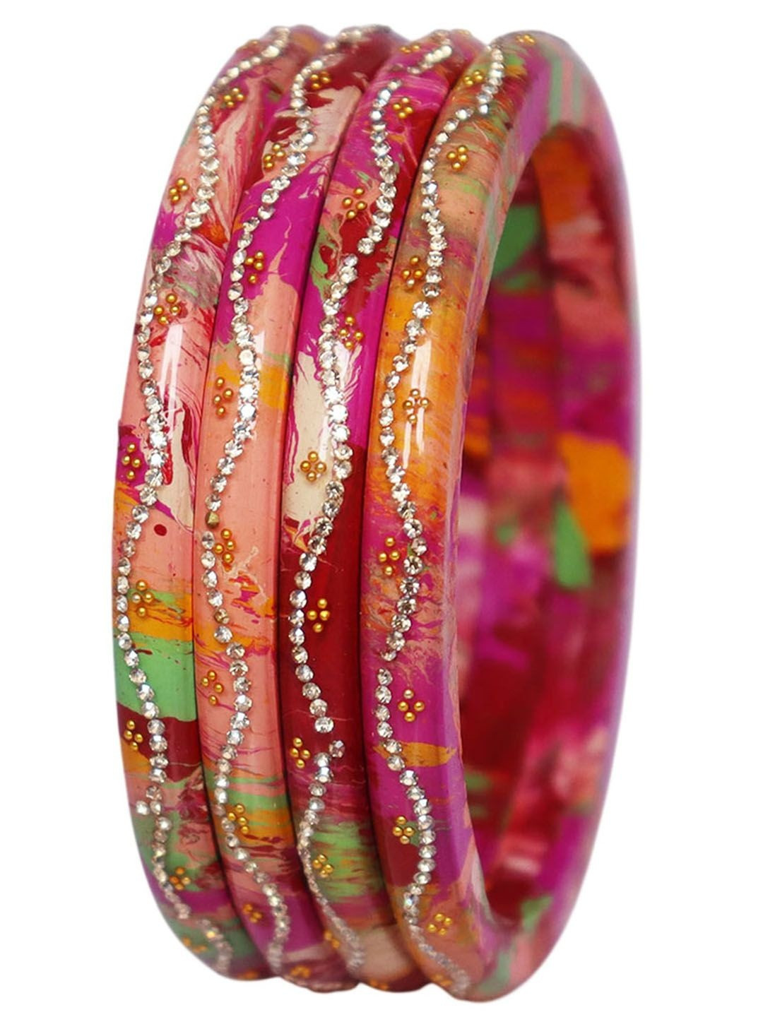 TAJ BRIDAL STORE Set of 4 Stone Studded & Beaded Bangles