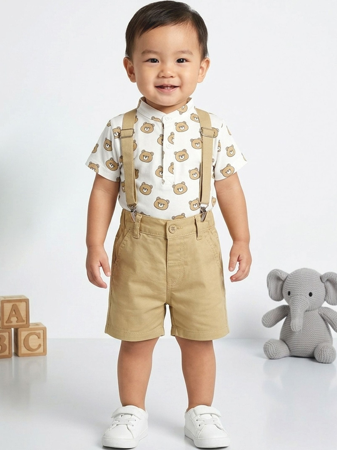 KINDLE Boys Cotton Formal Half Sleeve Shirt with Shorts & Suspender Set