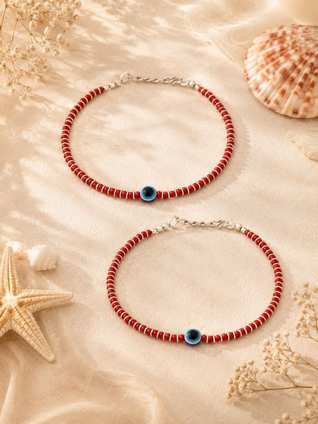 VIRAASI Set of 2 Silver-Plated Maroon Beaded Anklets
