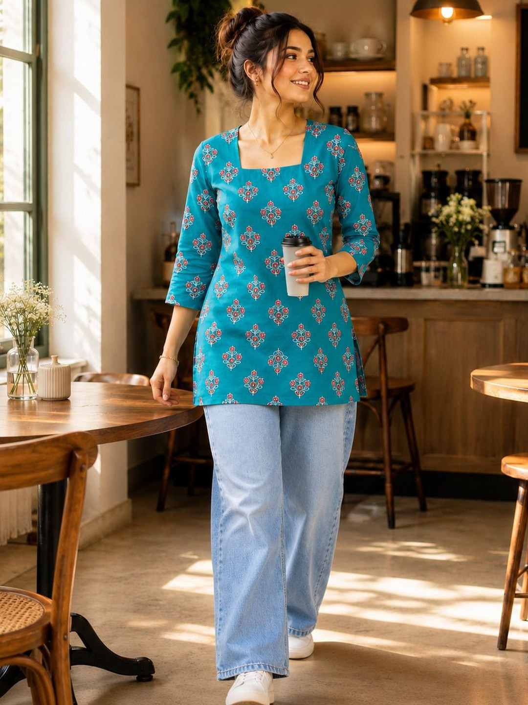 SAIYAMORI Viscose Rayon Square Neck Printed Ethnic Tunic