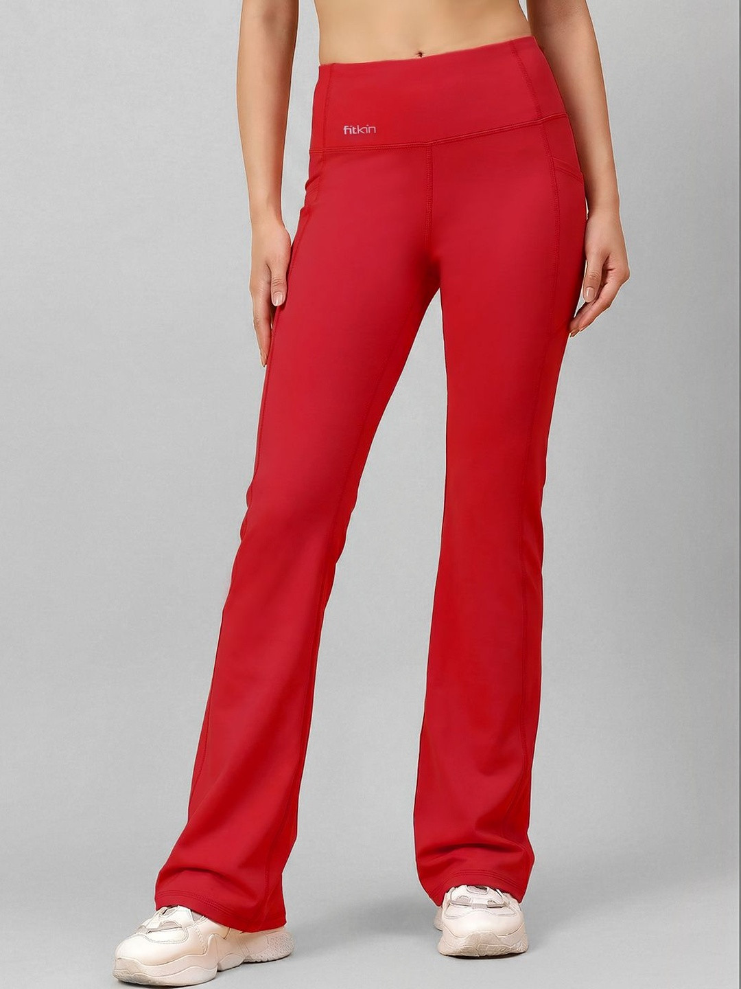 Fitkin Women Red Bootcut High Waist Stretchable Gym & Yoga Track Pants