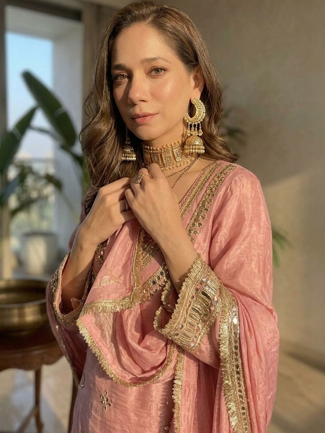 Sangria Ethnic Motifs Embroidered Mirror Work Kurta with Palazzos & Dupatta