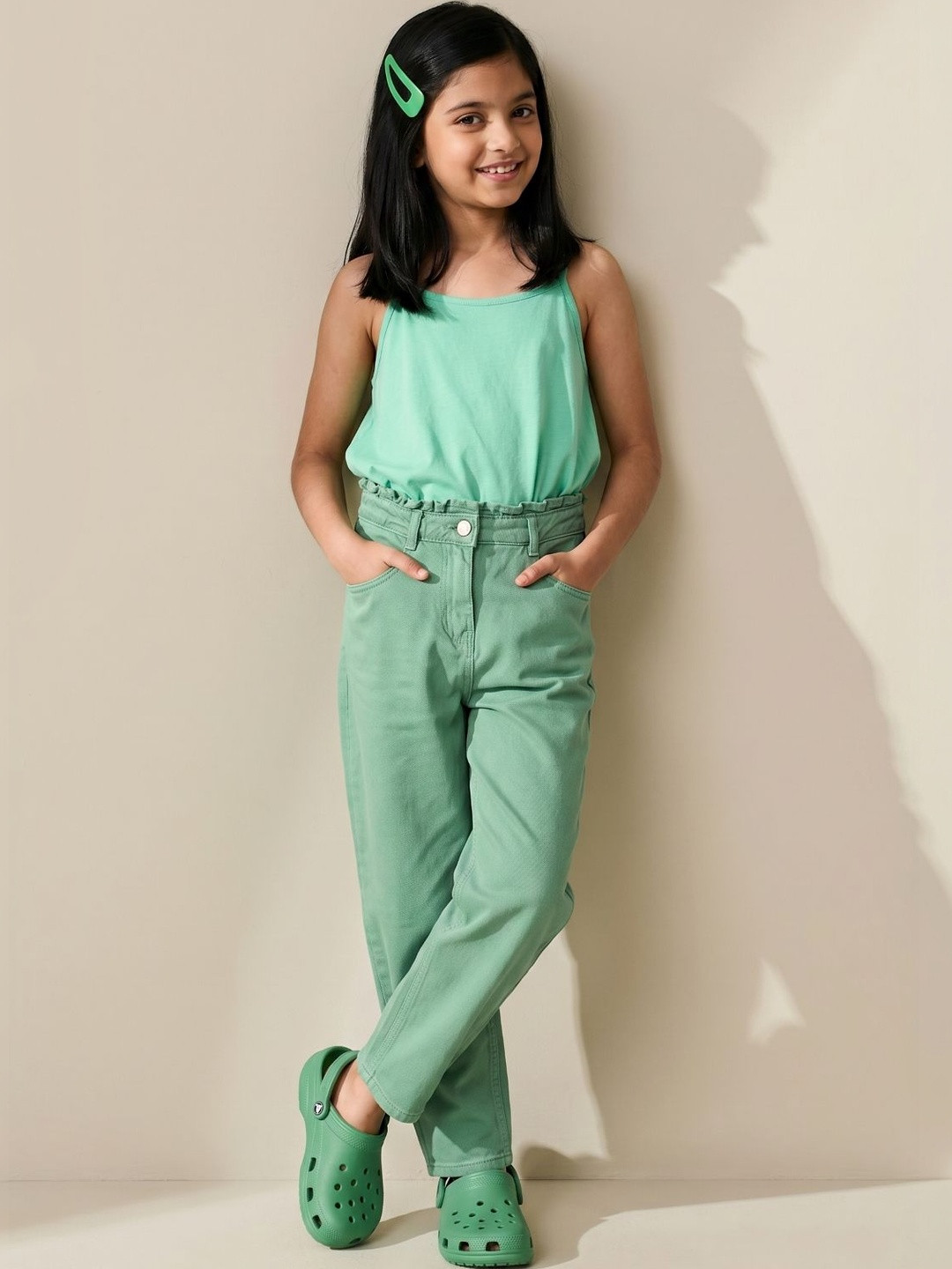 TALES & STORIES Girls Green Regular Fit Mid-Rise Clean Look Cotton Jeans