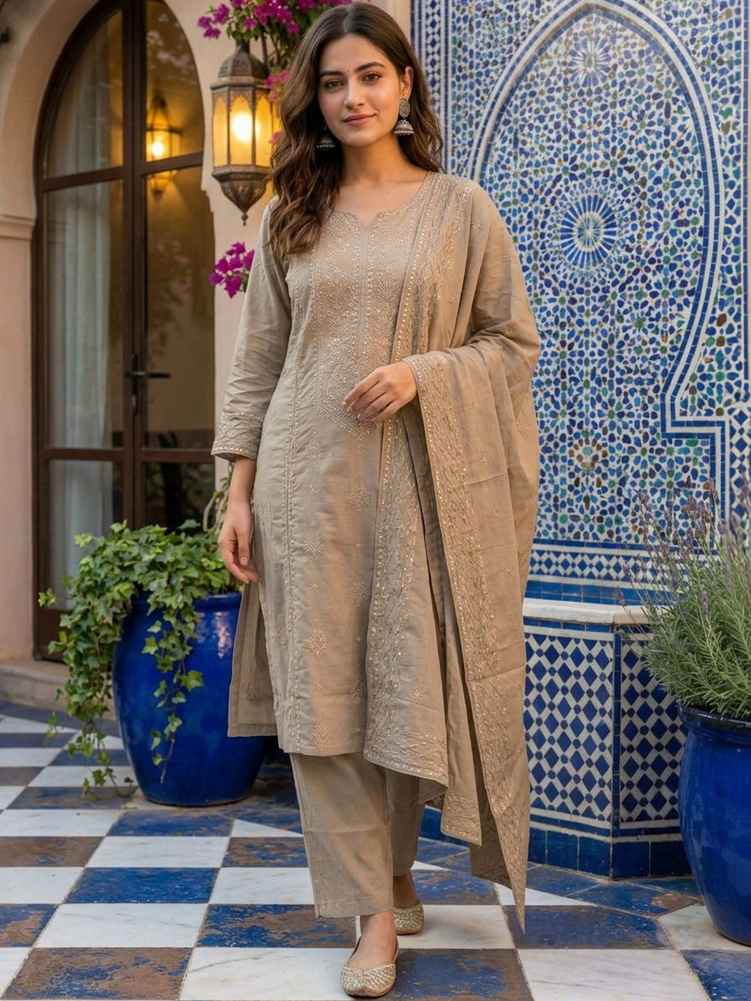 Anouk Women Ethnic Motifs Embroidered Regular Thread Work Pure Cotton Kurta with Trousers & With Dupatta