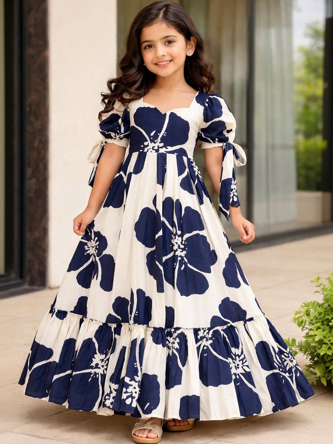VADLI FASHION Floral Print Puff Sleeve Ruffled Maxi Dress