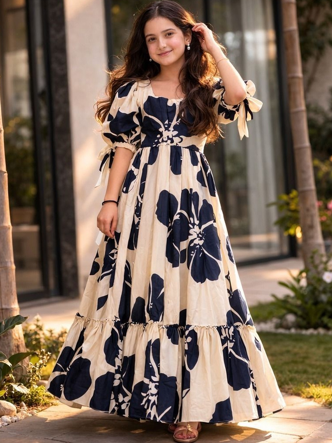VADLI FASHION Floral Print Puff Sleeve A-Line Maxi Dress