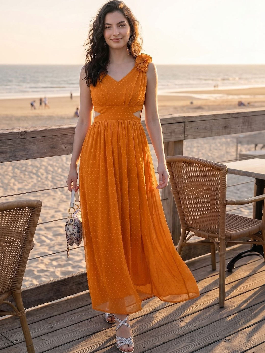Aayu Self Design Cut-Outs Detail Georgette Maxi Dress