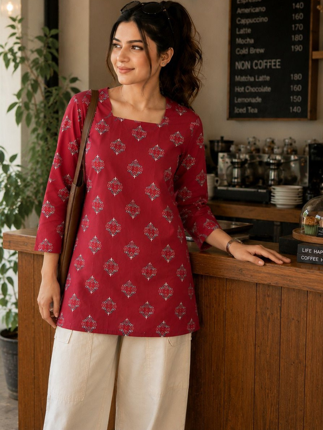 SAIYAMORI Viscose Rayon Square Neck Printed Ethnic Tunic