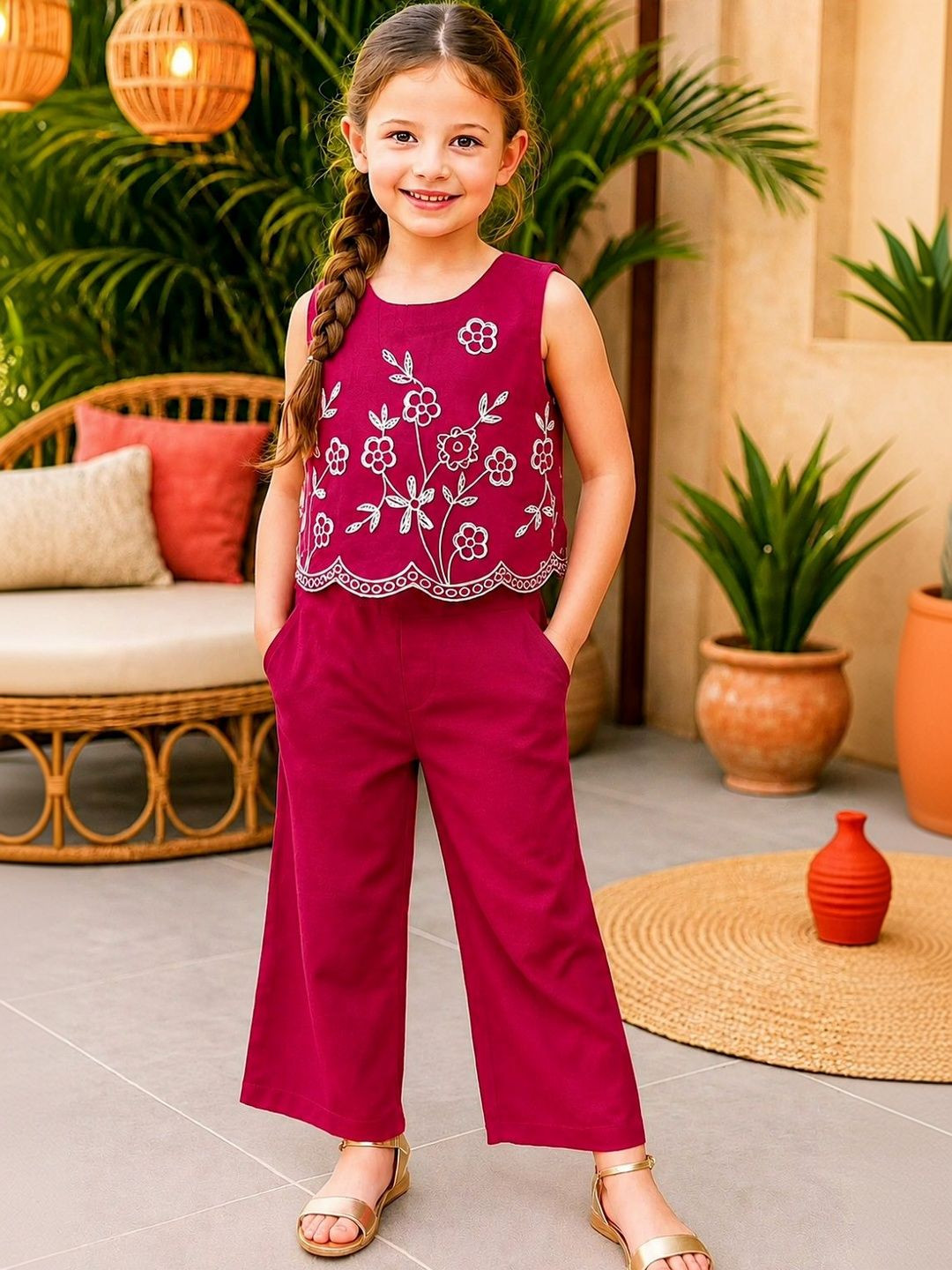 UFB Girls Floral Embroidered Regular Top with Palazzos