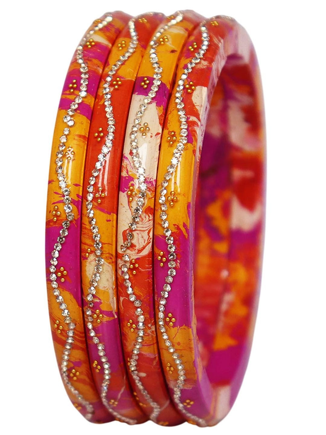 TAJ BRIDAL STORE Set of 4 Stone Studded & Beaded Bangles
