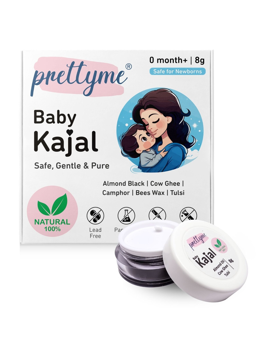 Prettyme Natural & Plant Based Baby Kajal For Newborns With Ghee & Almond Oil - 8g