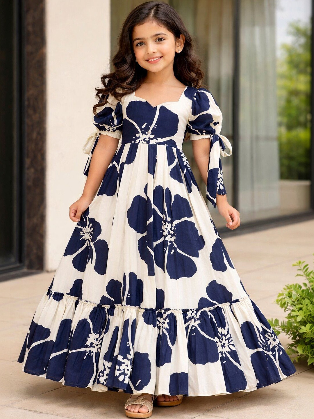 VADLI FASHION Floral Print Puff Sleeve Ruffled A-Line Maxi Dress