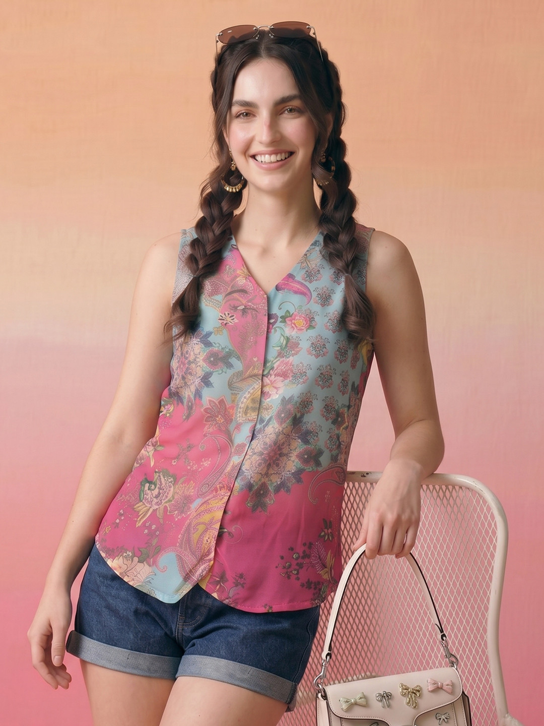 ZACCAI Multi Color Georgette Floral Printed Vest Top