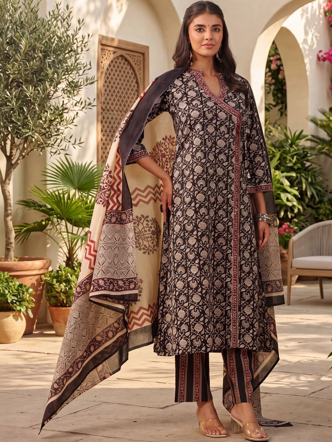 Rain & Rainbow Women Ethnic Motifs Printed Angrakha Pure Cotton Kurta with Trousers