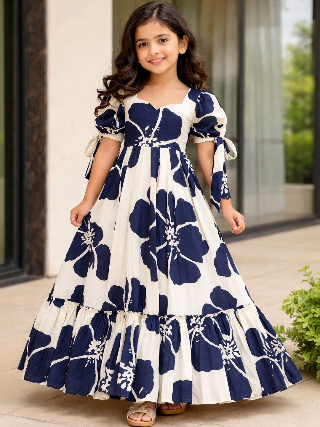 VADLI FASHION Floral Print Puff Sleeve Ruffled A-Line Maxi Dress