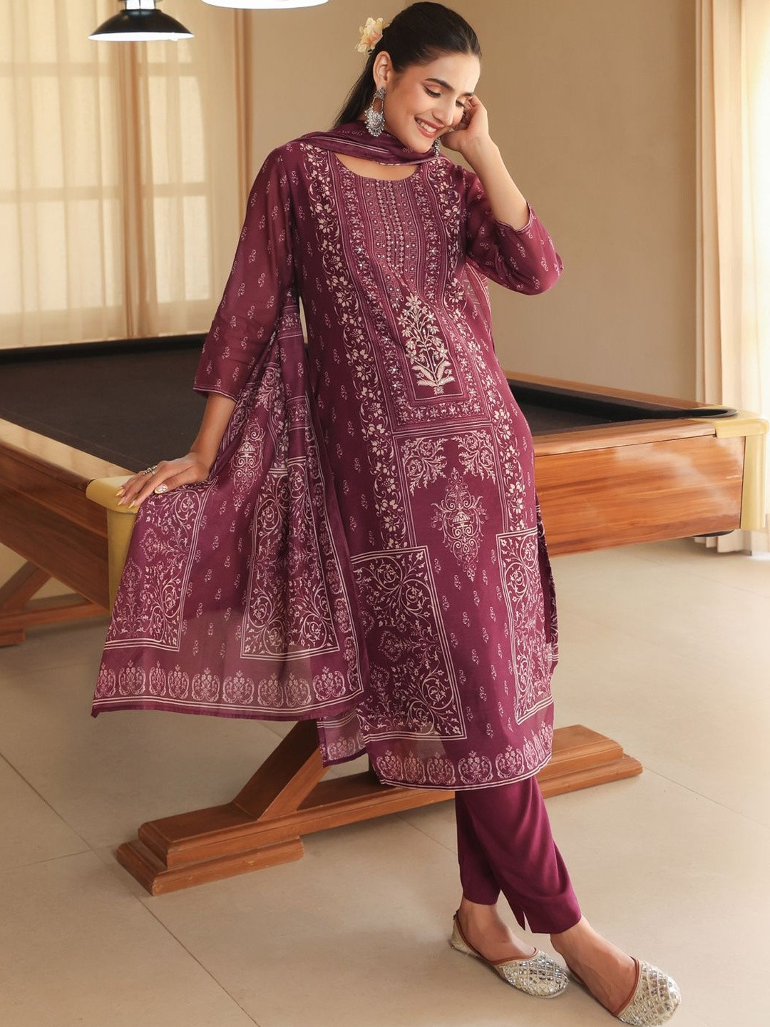 Rain & Rainbow Women Ethnic Motifs Printed Regular Chanderi Cotton Kurta with Trousers