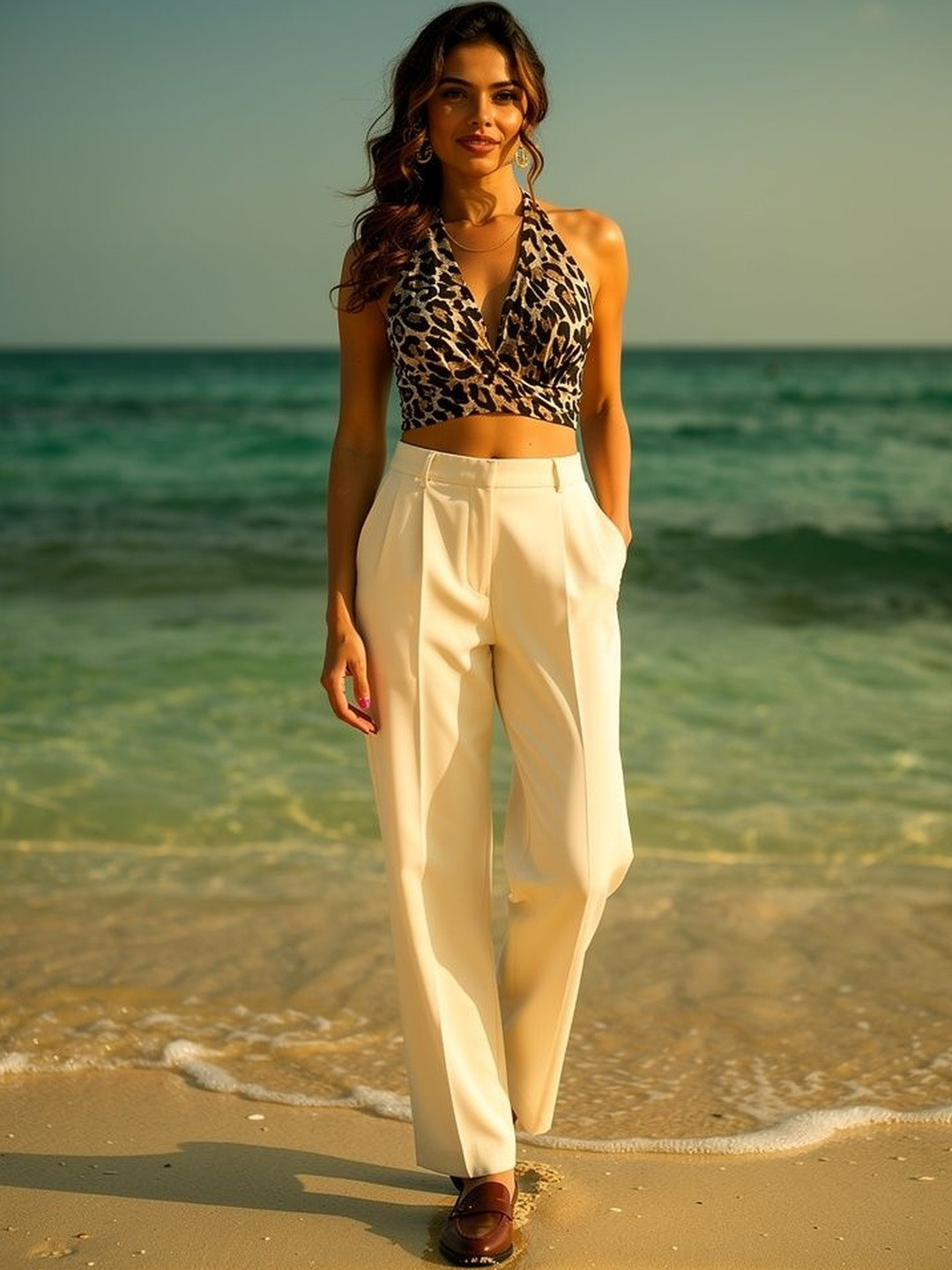 BODYFIGURE Animal Print Halter Neck Crepe Crop Top