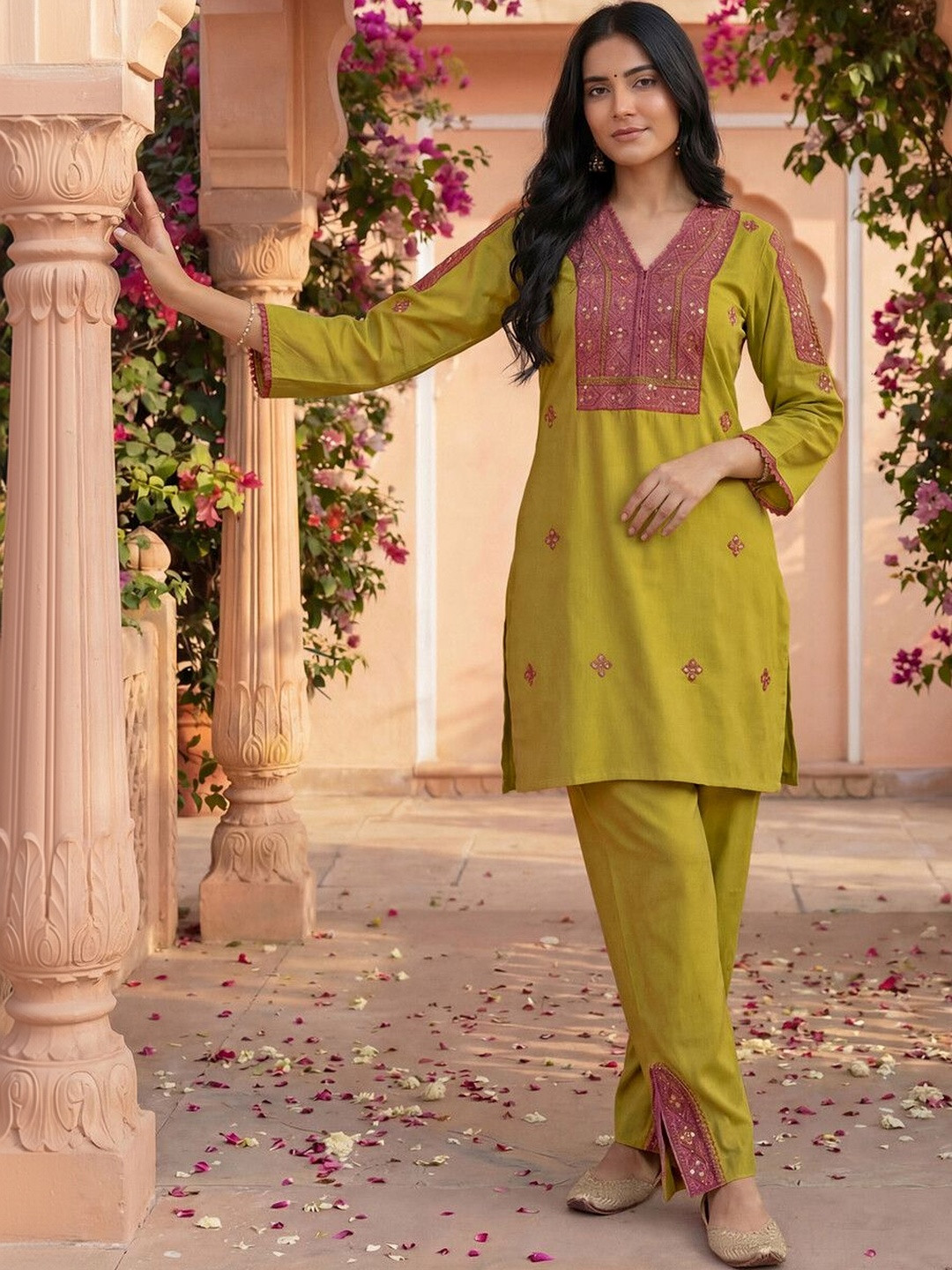 SKYLEE Embroidery Lace Mustard Yellow Rayon Co Ords for Women