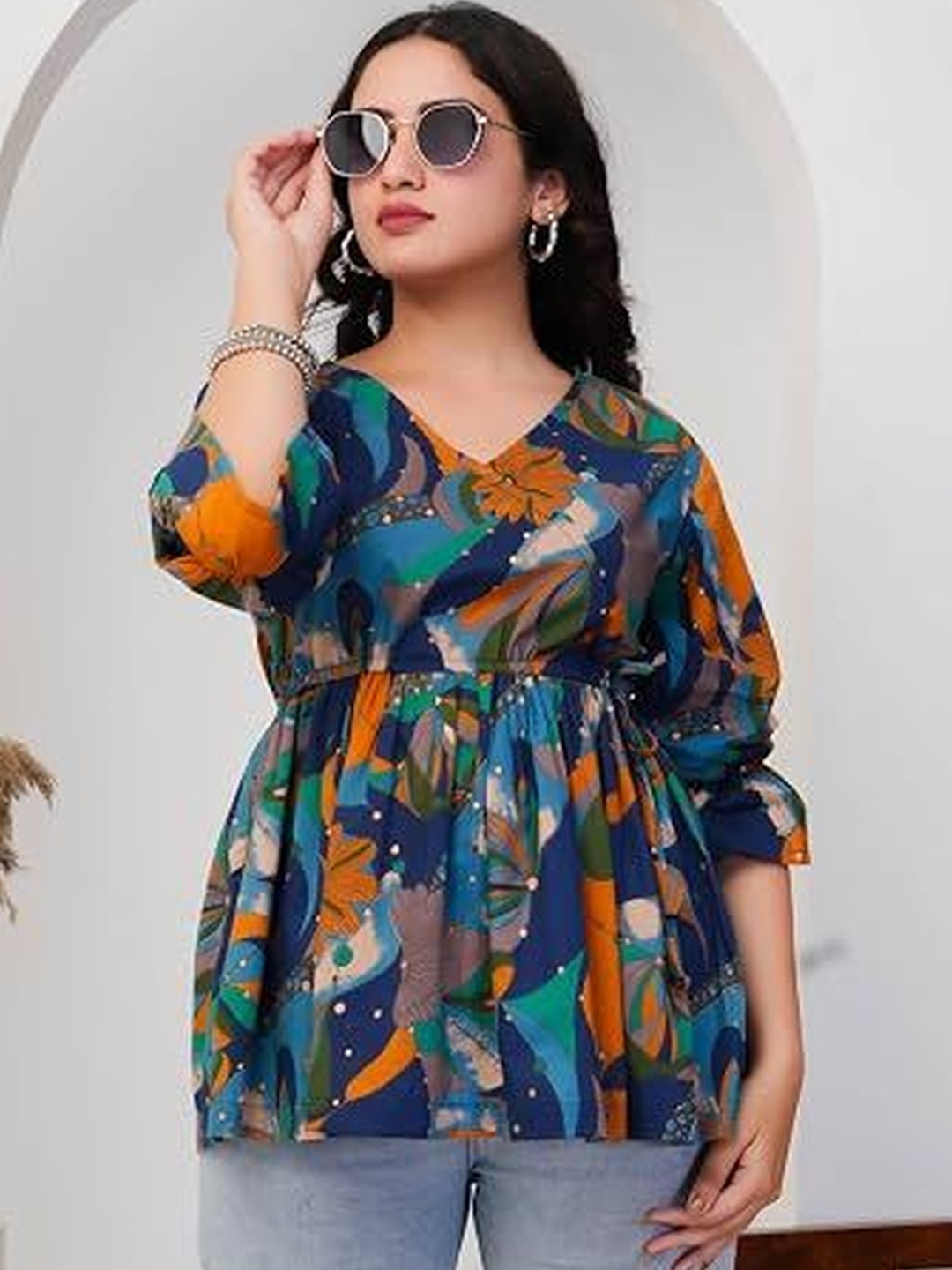 Threadflix Print Cotton Blend Peplum Top