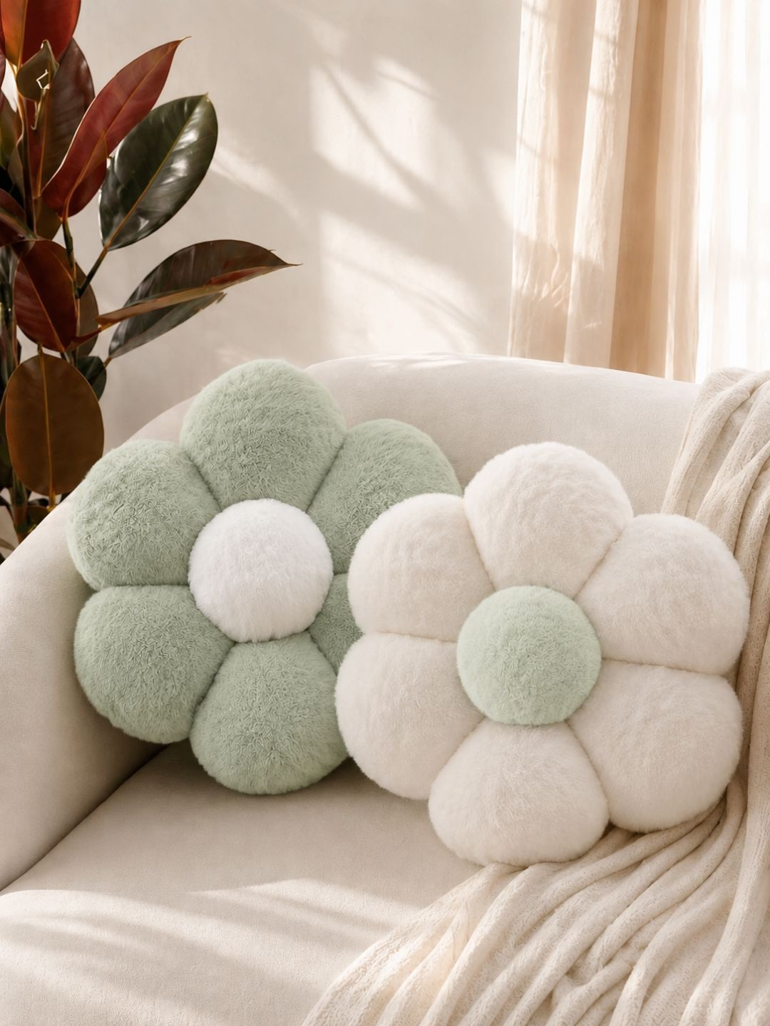 Dhrohar 2 Pieces Green & White Cotton Round Cushions
