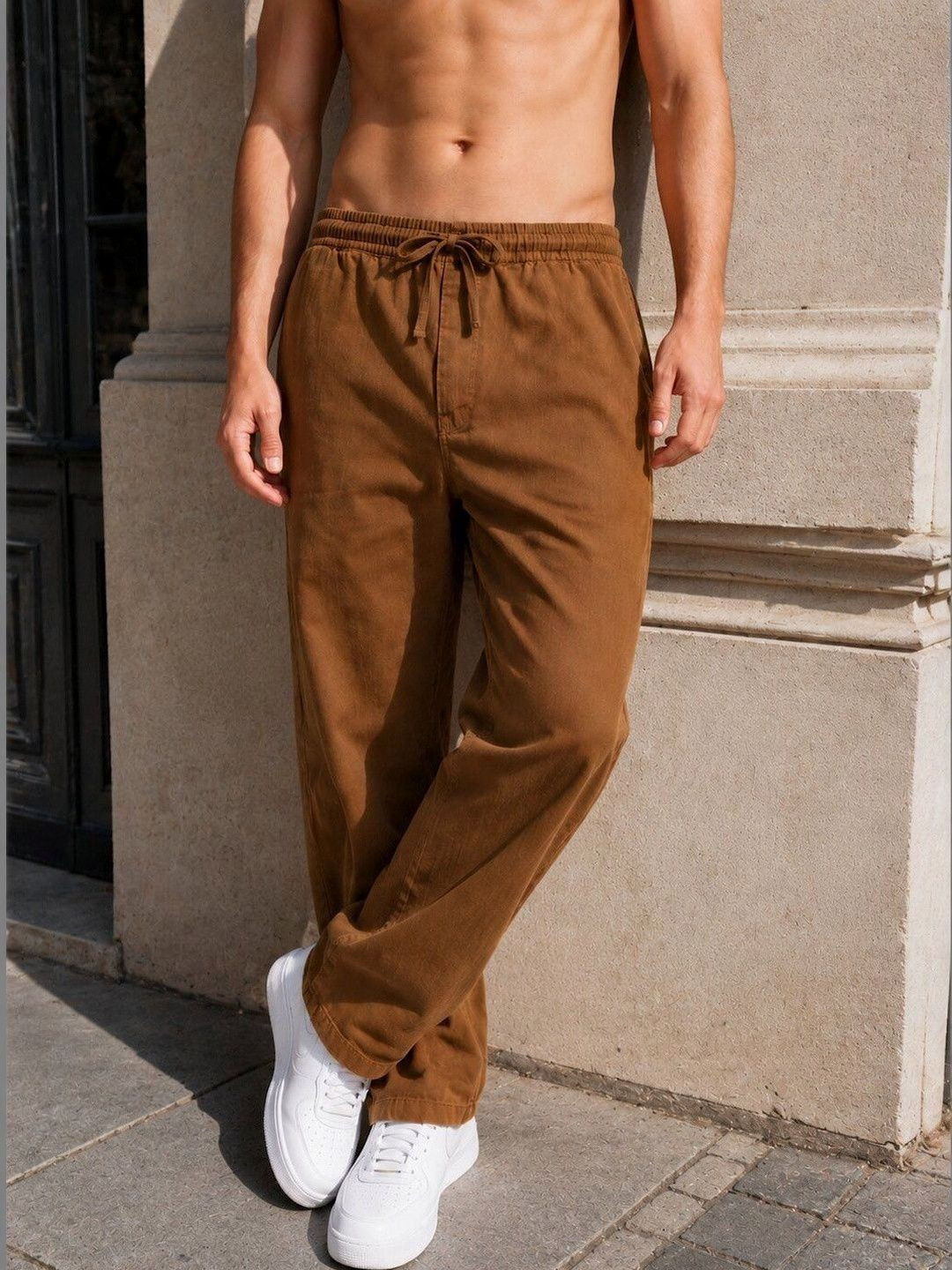 Bene Kleed Men Brown Chinos Cotton Relaxed Fit Elasticated Waistband Trousers