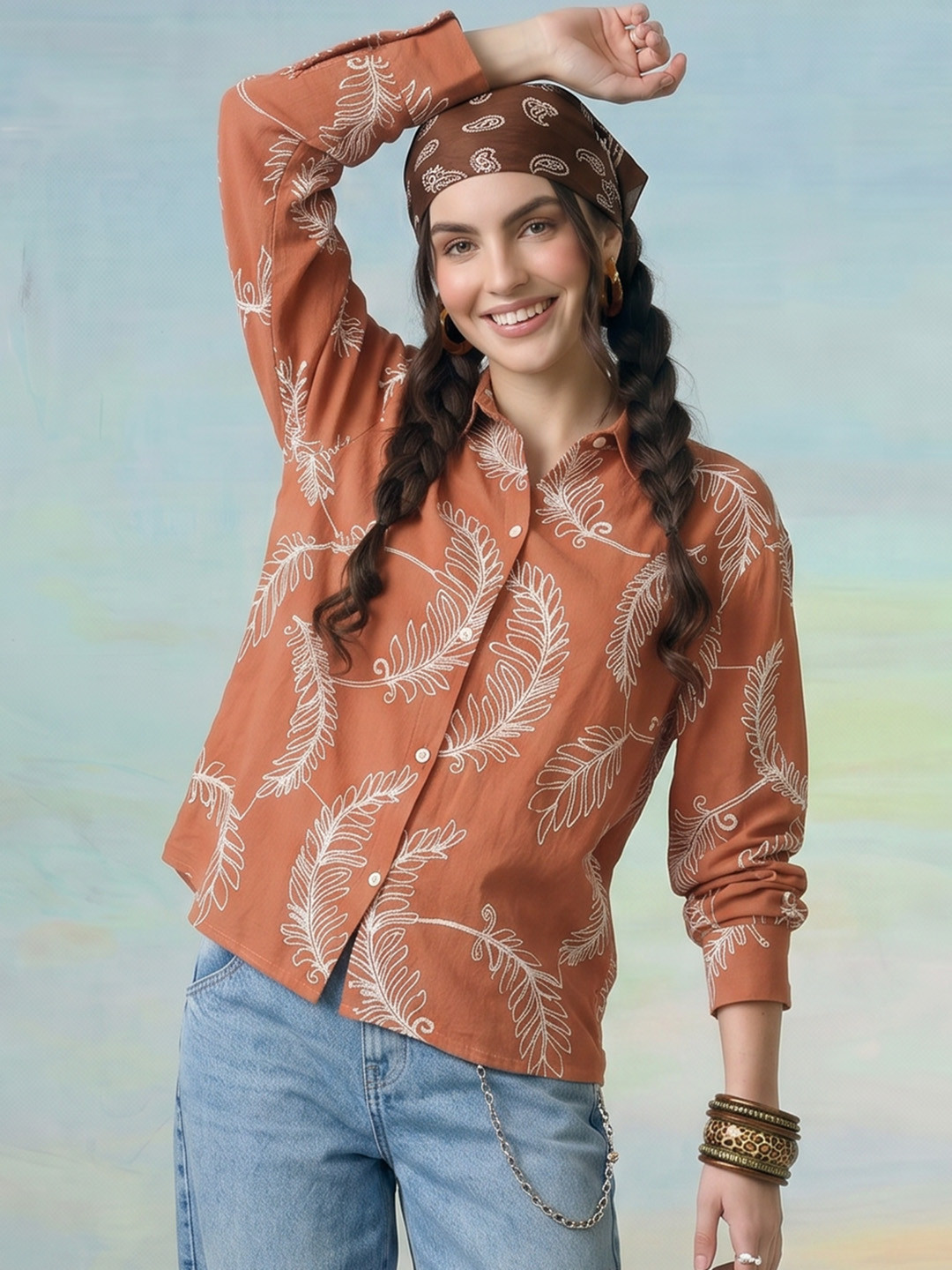 ZACCAI Floral Embroidered Shirt Style Top