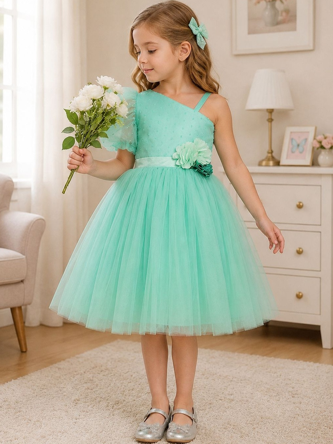 Dripteen Puff Sleeve Net A-Line Dress