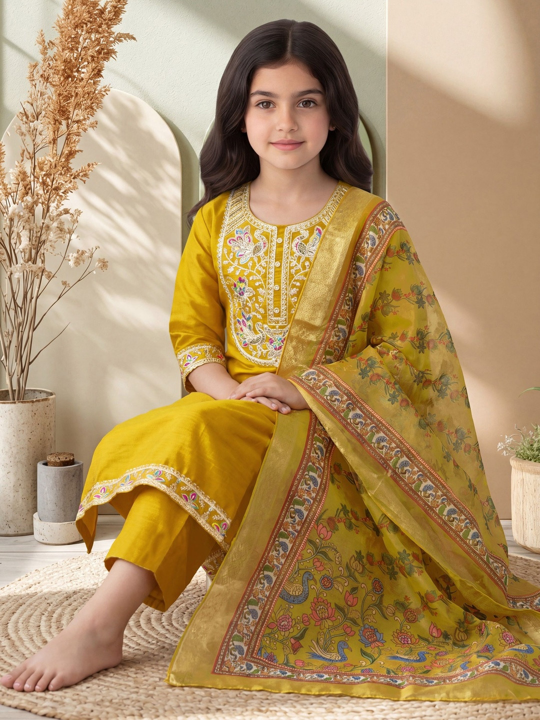 SPANGEL FASHION Girls Ethnic Motifs Embroidered Regular Thread Work Kurta with Trousers & With Dupatta