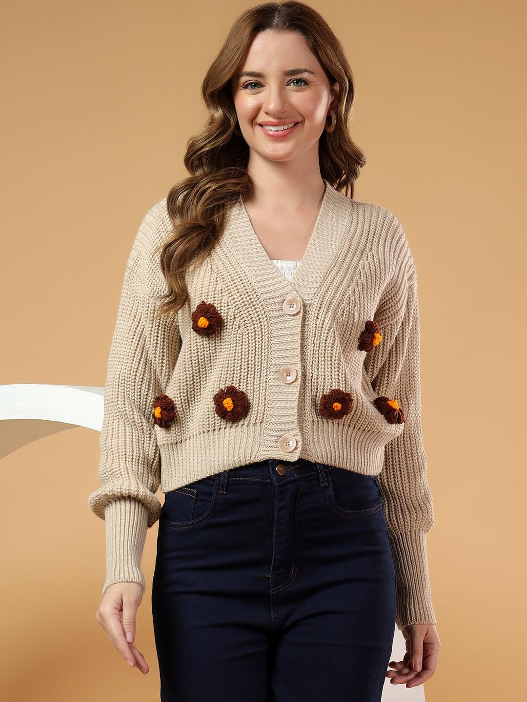 The Roadster Lifestyle Co. Women Cable Knit Ribbed Crop Cardigan with Applique Detail