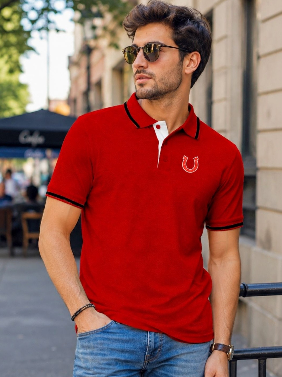Blacksmith Men Red Solid Polo Collar T-shirt