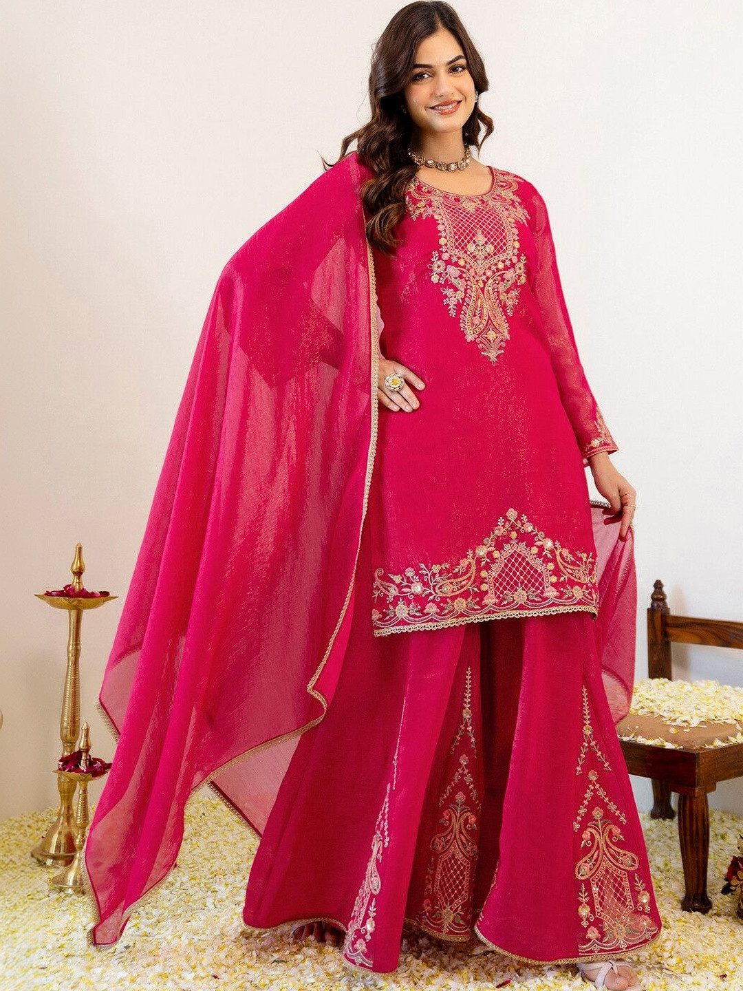 SKYLEE Women Ethnic Motifs Embroidered Regular Kurta with Sharara & With Dupatta