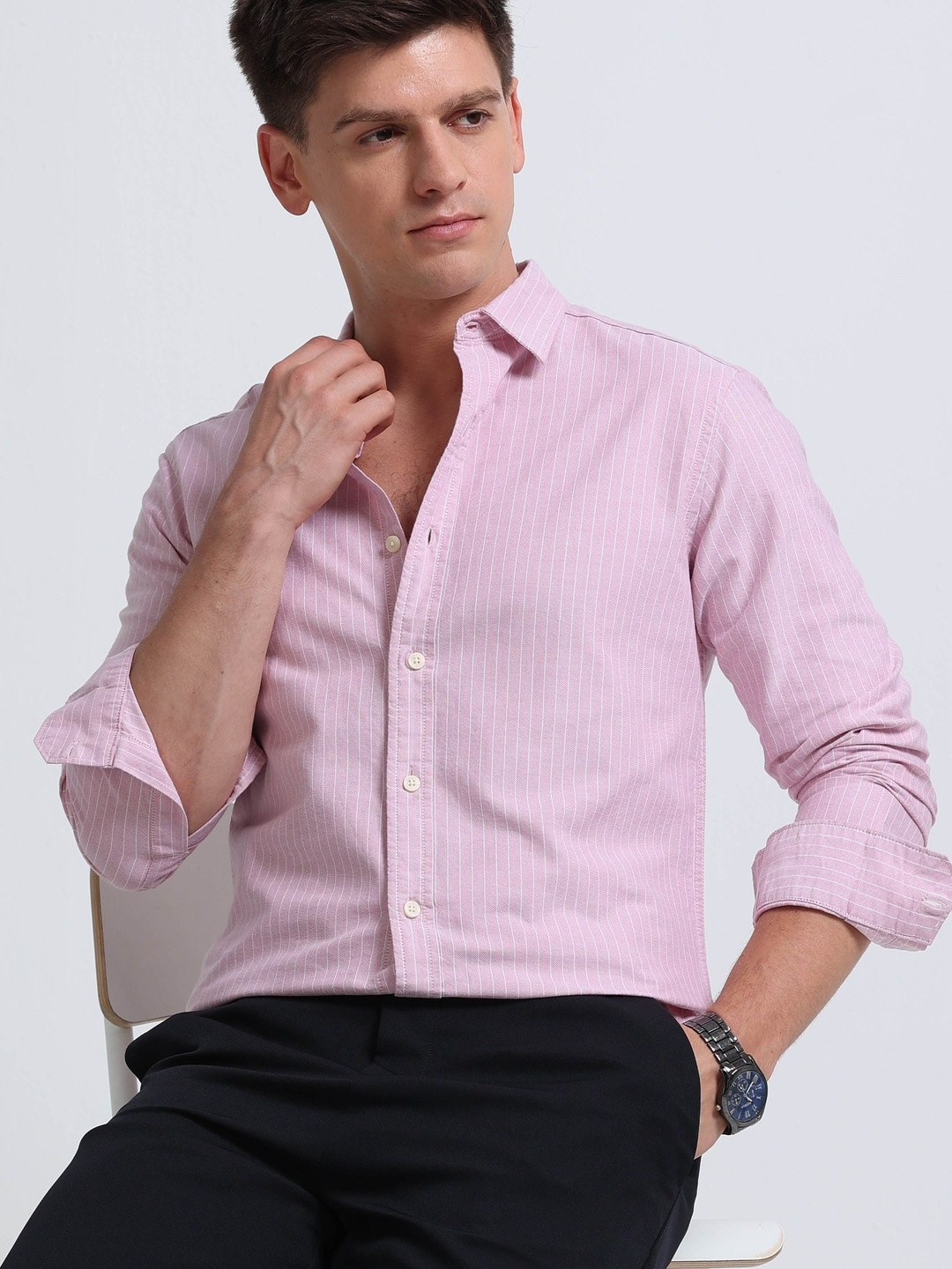 Blu MNKY Men Classic Slim Fit Striped Casual Shirt