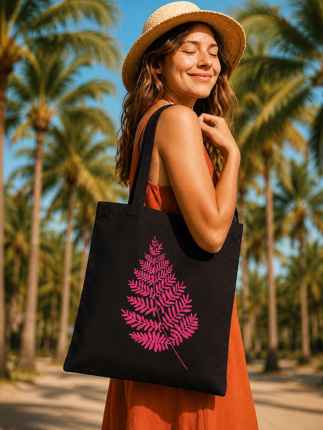 Doodle Eco-Friendly Reusable Cotton Fern Canvas Zipper Tote Bag
