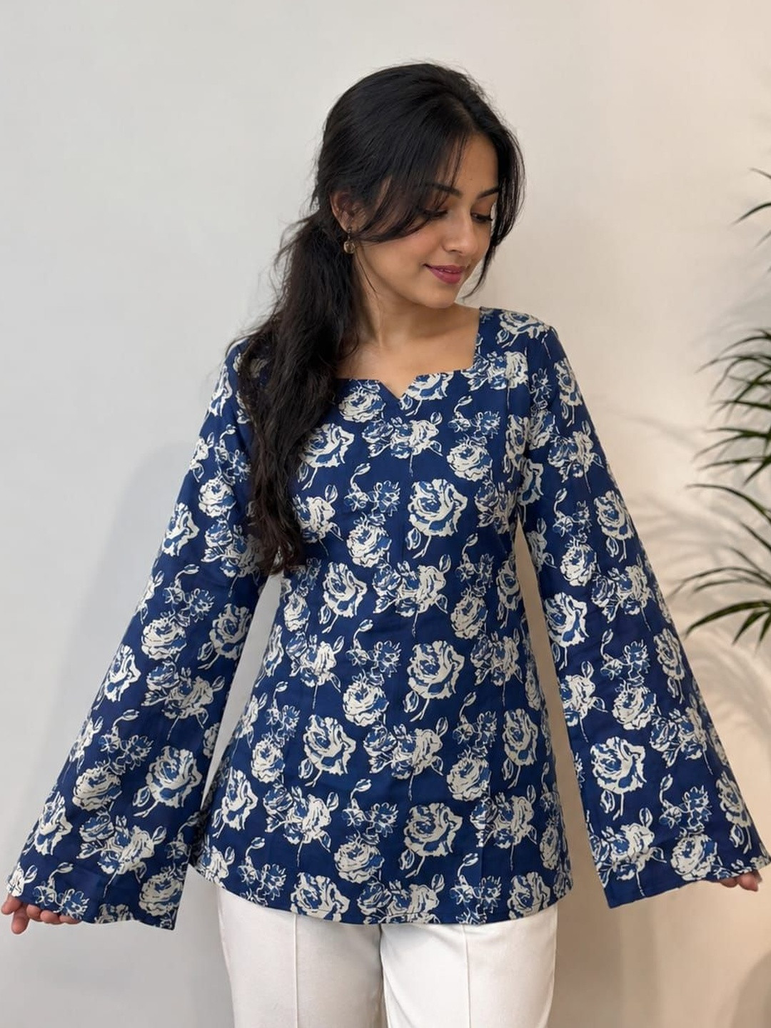 KURVEE Floral Printed Square Neck Flared Sleeves Pure Cotton Kurti