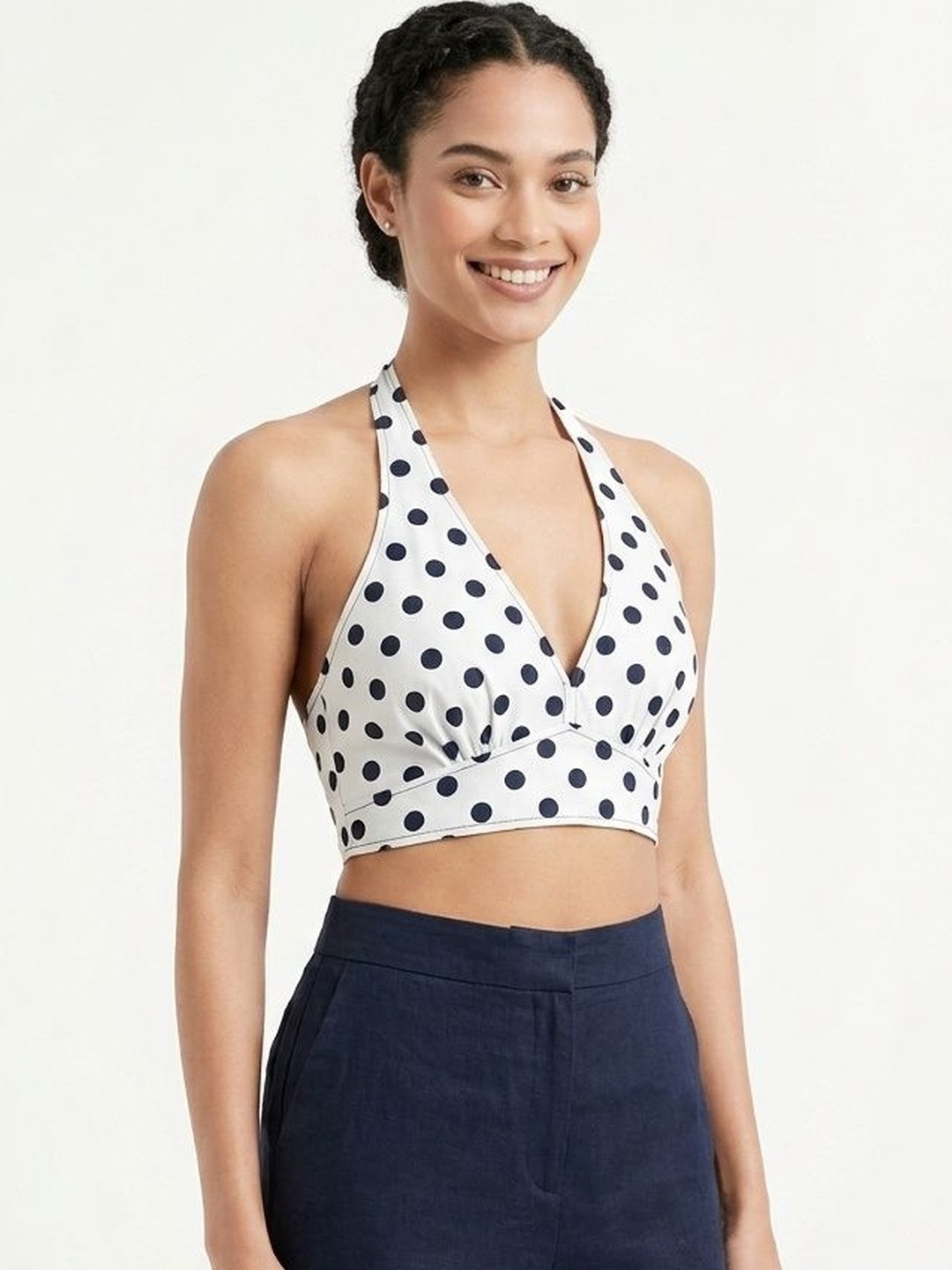 BODYFIGURE Polka Dot Print Halter Neck Crepe Wrap Crop Top