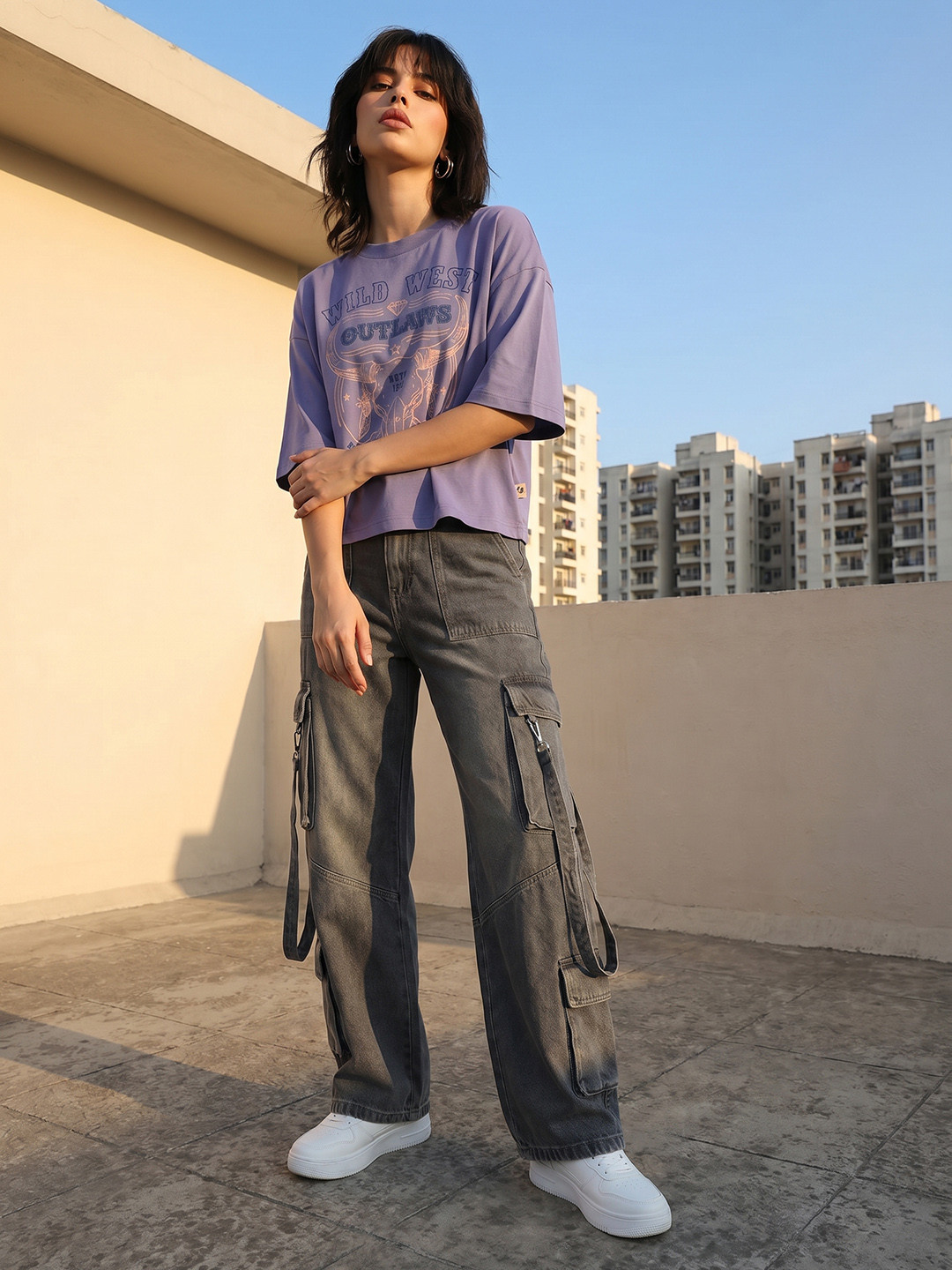 The Roadster Life Co. Typography Embroidered Drop-Shoulder Sleeves T-shirt