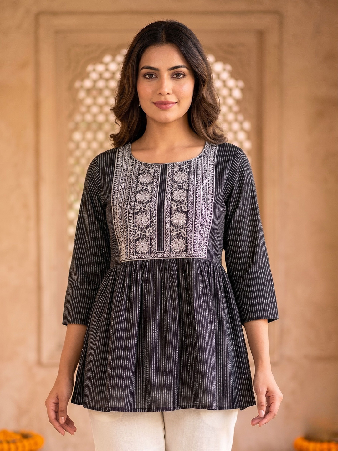 Vaidiki Striped Ethnic Cotton Maternity Feeding Top