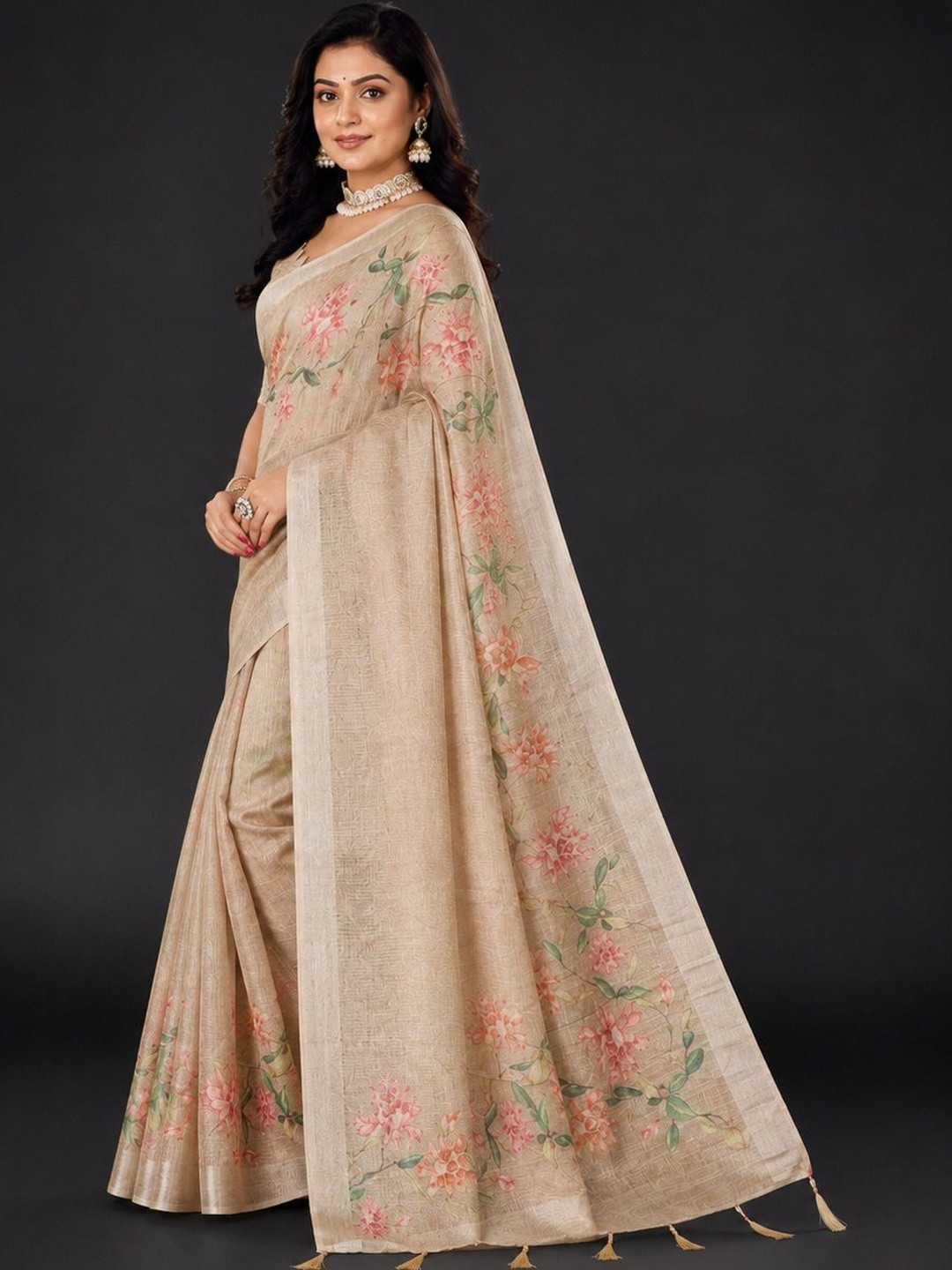 SAIYAMORI Floral Zari Pure Linen Saree