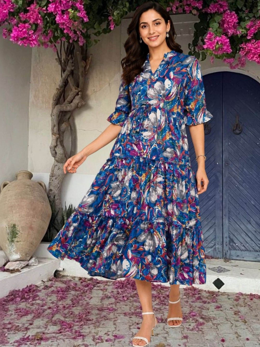 Moda Rapido Print Flared Sleeve Crepe A-Line Midi Dress