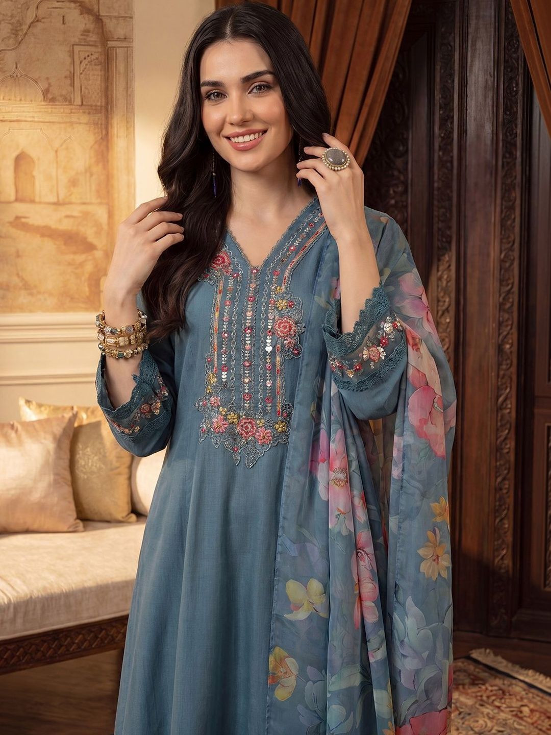 Indo Era Women Floral Embroidered Regular Thread Work Kurta with Trousers & With Dupatta