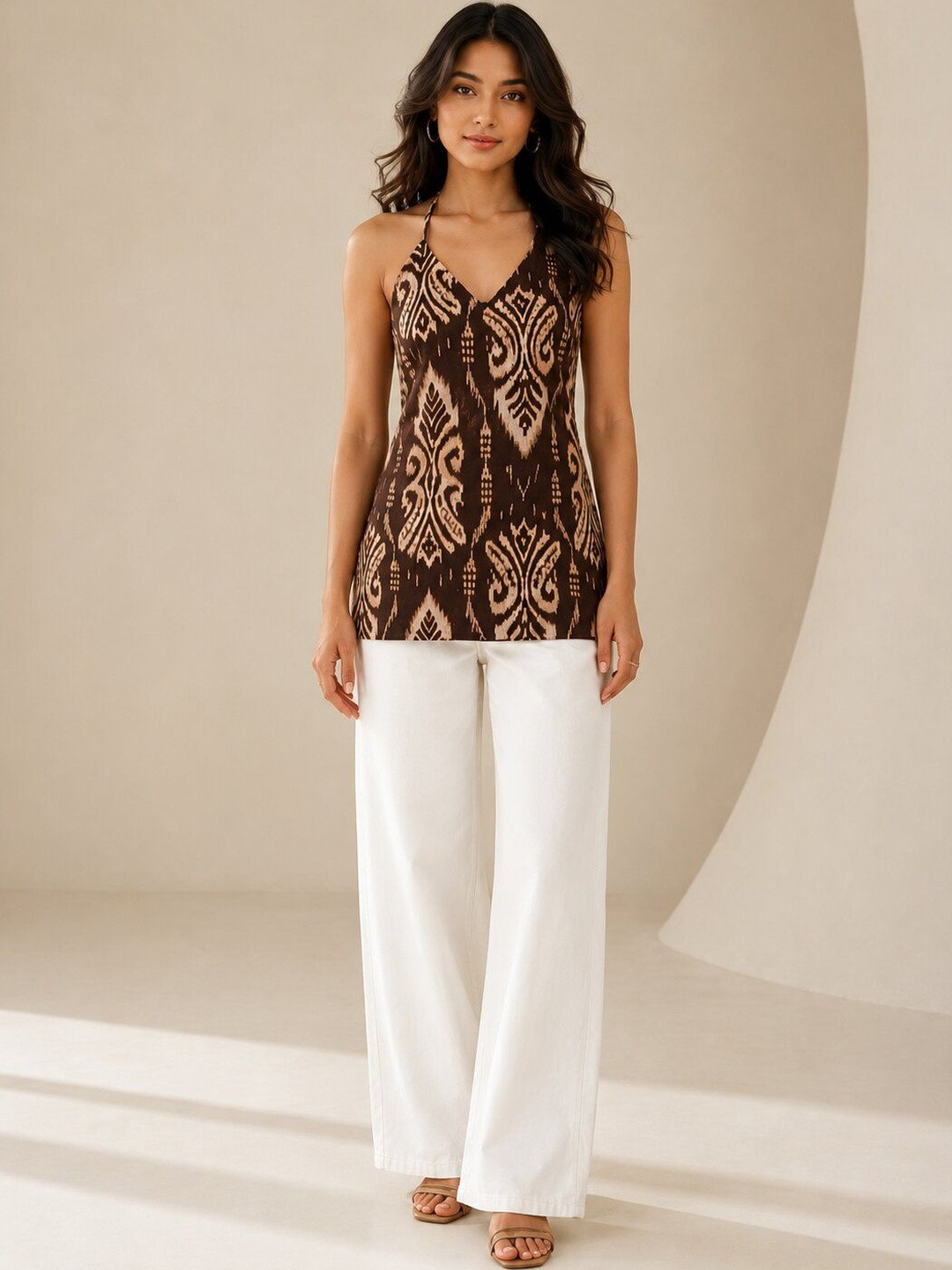 HERE&NOW Women Brown Ethnic Printed Sleeveless Pure Cotton Kurtis with Tie-Up Back