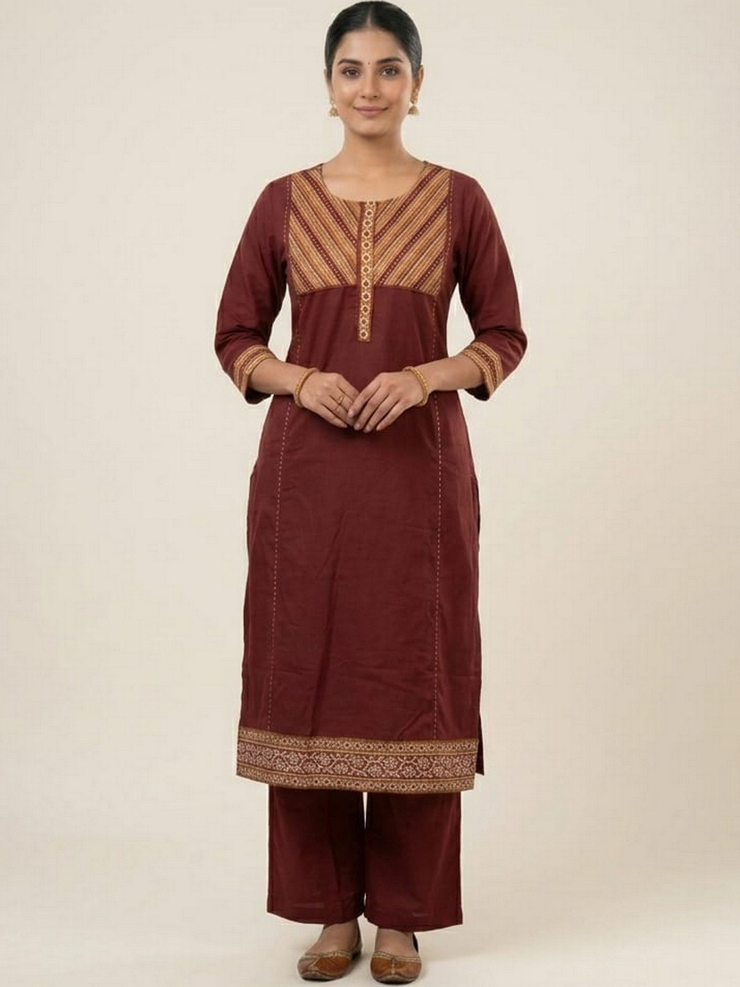 KALINI Women Ethnic Motifs Embroidered Regular Thread Work Pure Cotton Kurta with Palazzos
